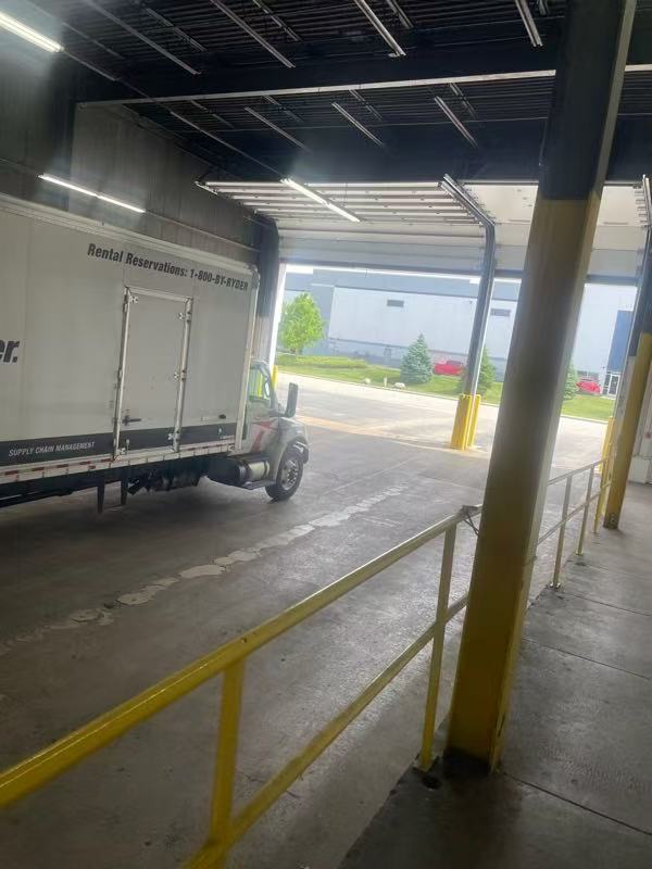 Warehouse interior and trucks